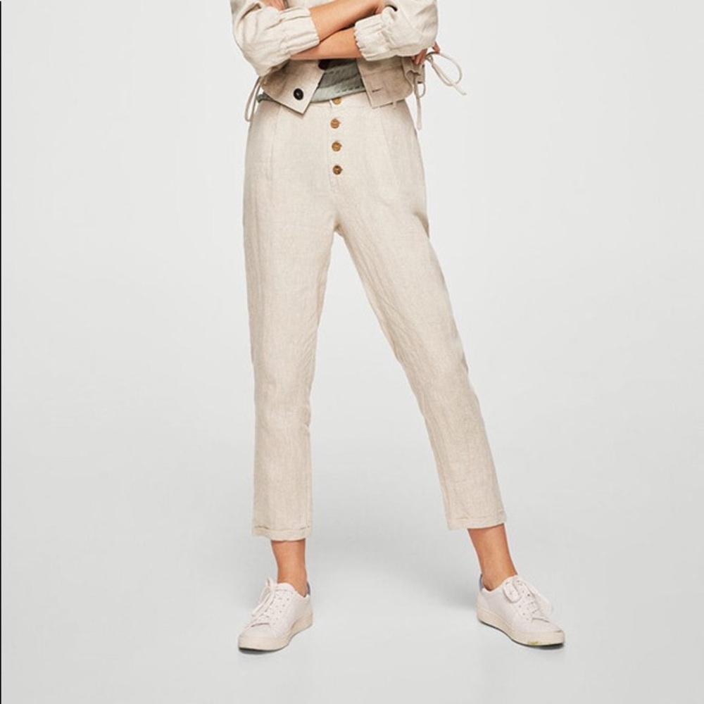 Mango Beige Linen Pants With Front Button Closure - image 2